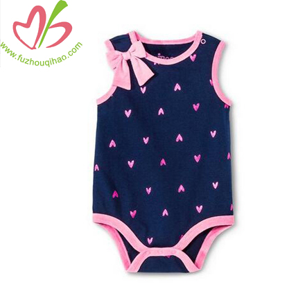 sleeveless baby romper with butterfly bow,cute baby onesie with small heart printing
