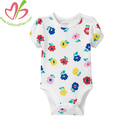 short sleeves round neck baby romper designs with full printing