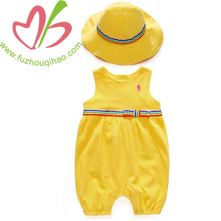 summer mesh cotton romper & floppy hat set bubble outfits vibrant-hued shortall bow bedecked waist sunsuit