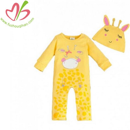 Yellow Print Cute Giraffe Long Sleeve Coveralls