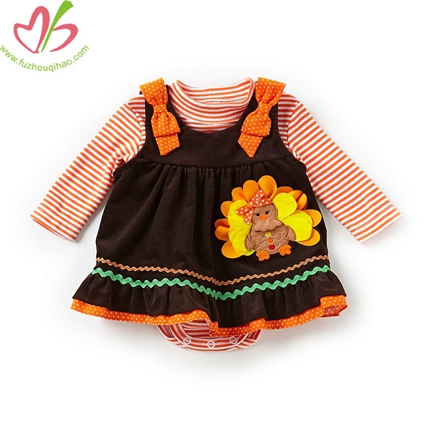 Thanksgiving Turkey Applique Baby Romper Dress Set