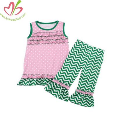 Green Chevron Printing Girls Pants Suit