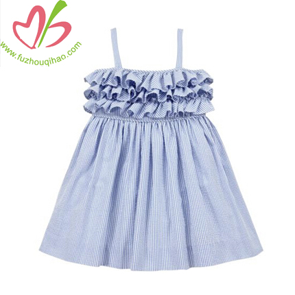 Girls' Dress Seersucker Strap Ruffle Latest Design