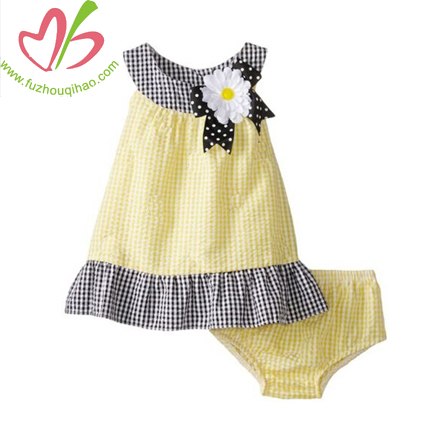 Seersucker Flower Bow Sleeveless Baby Clothes Clothing