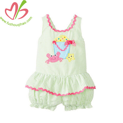 Summer Baby Girls Seersucker Romper Set-Green