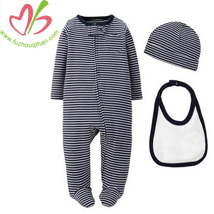 3 Piece Baby Clothing Onesie Stripe Pyjams With Bib & Hat