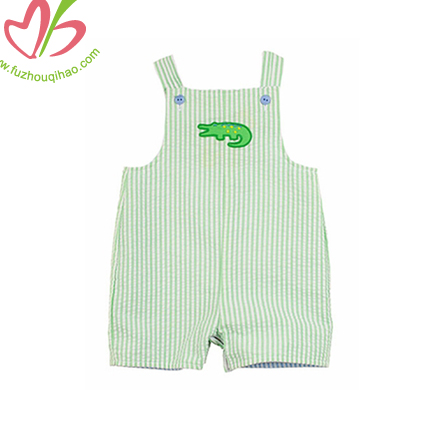 Seersucker Boy's Suspenders Romper with Applique on Chest