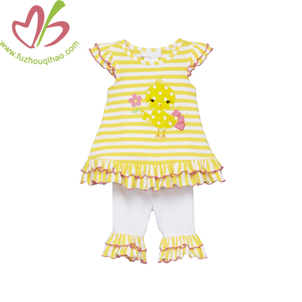 Yellow Stripe Girl's Tunic Top Set with Chick Applique