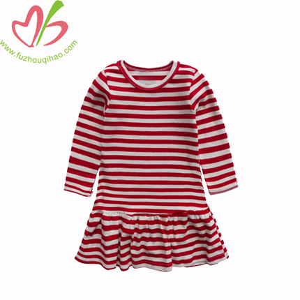 Red white stripes Long Sleeves Girl Dress With Ruffles