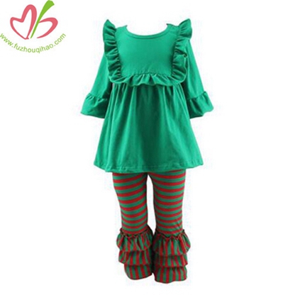 Green Bibs Blouse with Triple Ruffles Pants