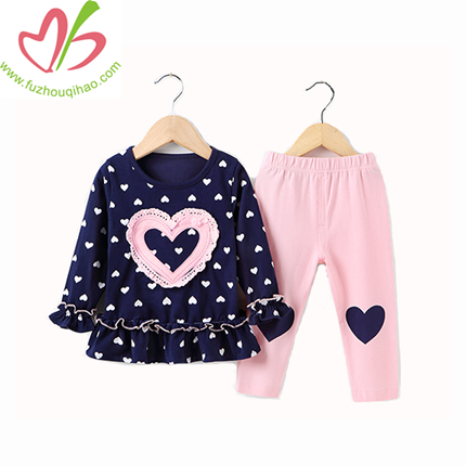 Long Sleeves Round Neck Girl Tee Shirt with Small Ruffles and Pant set