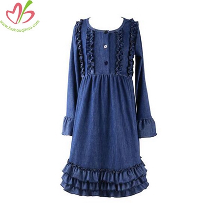 100% Cotton Demin Dress with Multi Ruffles on Bottom