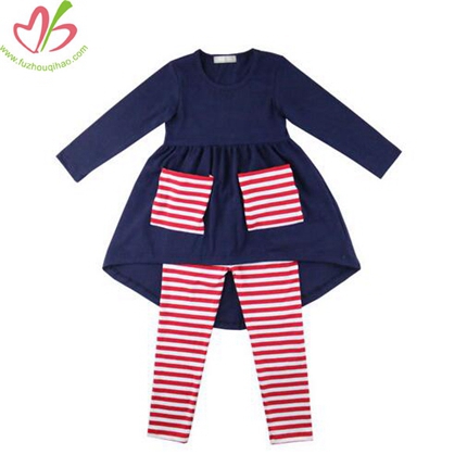 Navy and Red Special Design Girl's Blouse Legging Set