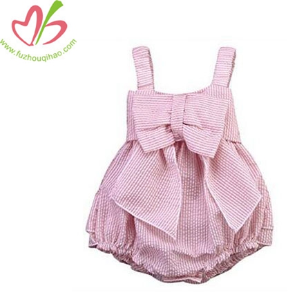 Baby Girls Striped Seersucker Bubble Straps Ruffle Layers Bowknot Romper