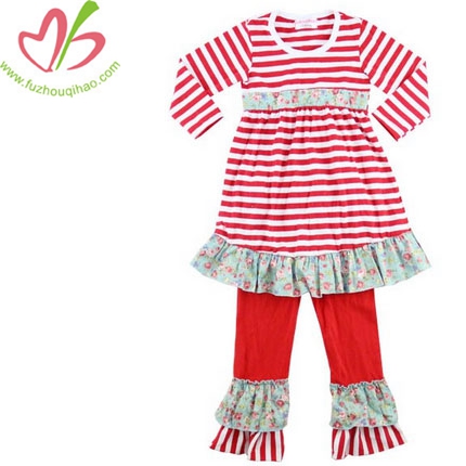 Girls Red Striped Long Sleeves Ruffle Dress Cotton Pants Outfit