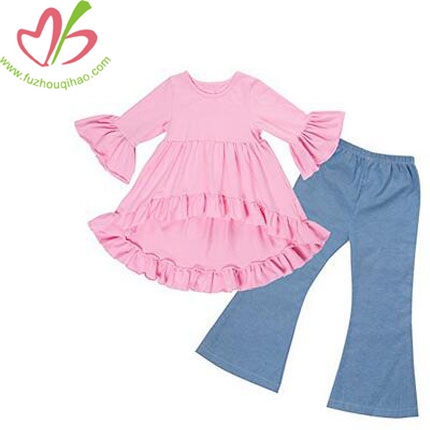 Girls Clothes Jeans Outfit Kids Ruffle Shirts Boutique Bell Pants Set