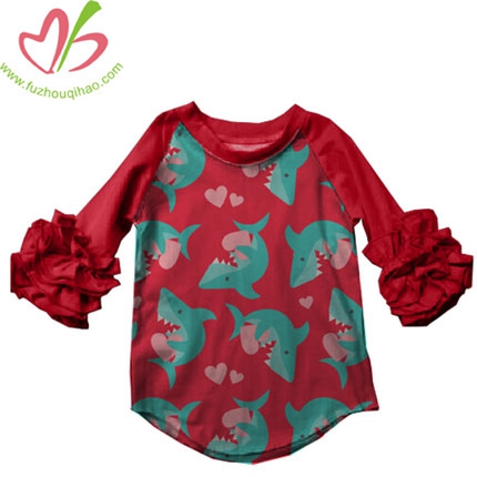 Girls Red Blue Shark Print Clothes Ruffle Long Sleeve Clothes