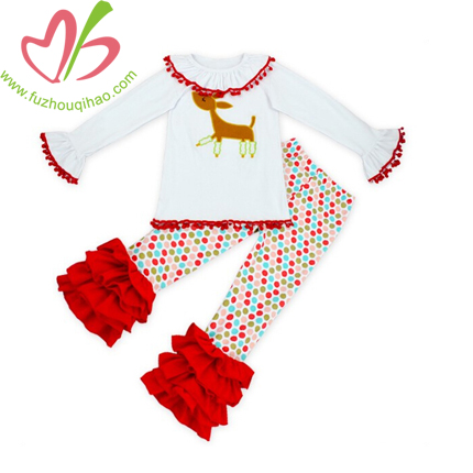 Girl's Long Sleeve Top with Pom Pom and Ruffle Pant