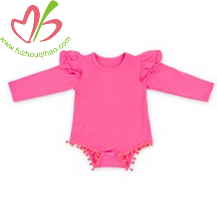 Hot Pink Baby Girls Long Sleeve Romper with Pom Pom
