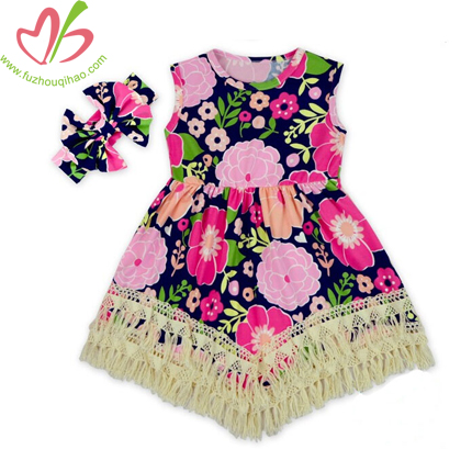 Girl's Printed Woven Vest Dress with Tassels