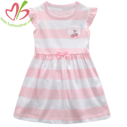 Pink and White Stripe Girls Flutter Sleeves Dress