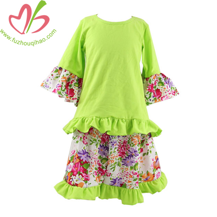 Lime Green and Floral Print Ruffle Sleeve Girl's Dresses