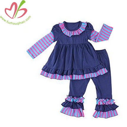 Girls Striped Knit Cotton Clothing Sets Top Dress+Ruffle Pants Kids Clothes
