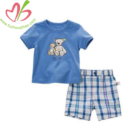 Cute Blue Boy's Set, Boy's Cotton Blue Tee and Plaid Short