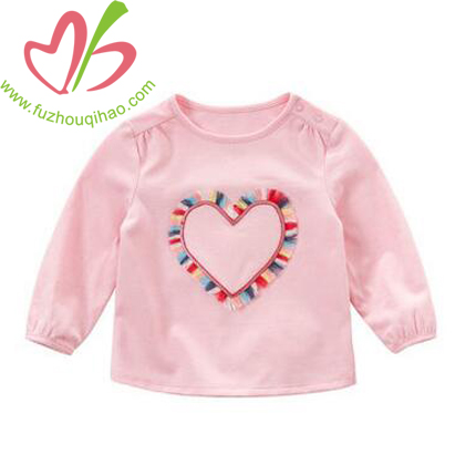 Heart Applique Girl's Pink Long Sleeve T Shirt