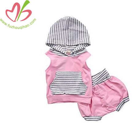 Girl 2pcs Set Outfit Pink Sleeveless Striped Hoodie+Short Pants