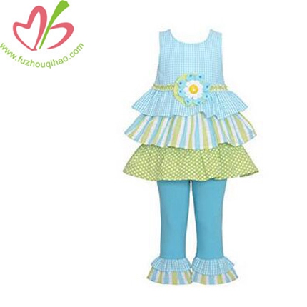 Girls Blue White Green Check Ruffle Spring Outfit