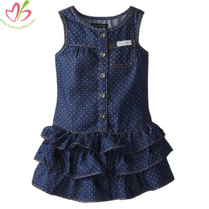 Polkadot Demin Children Dress wih Ruffles on Bottom