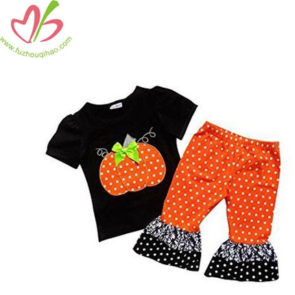 Girls Halloween Polka Dot Pumpkin Patch 2 Piece Ruffle Pants Outfit