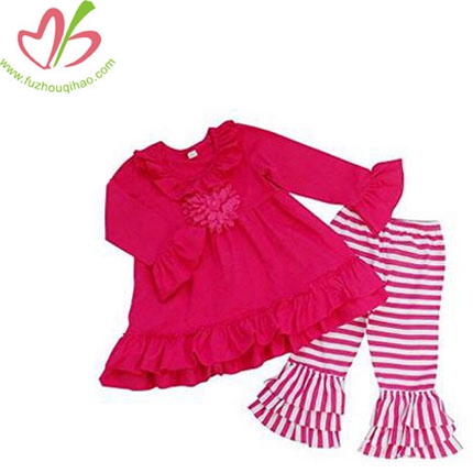 Girls Hot Pink Stripe Long Sleeve Flare Ruffle Pants