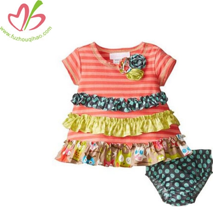 Baby Girls Ruffle Coral Stripe to Mix Print Tiers Knit Dress+Bottom