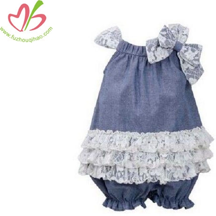 Baby Girls Blue Jean Lace Ruffle Spring Summer Bubble Dress