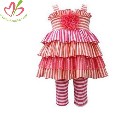 Girls Stripe Tiered Mixed Rosette Spring Summer Dress & Leggings