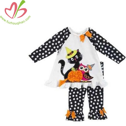 Girls Black White Cat Owl Halloween School Fall Dress Outfit