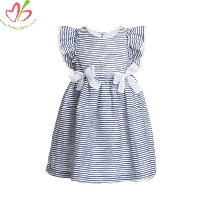 Blue Stripe Flutter Sleeves Girl's Dress