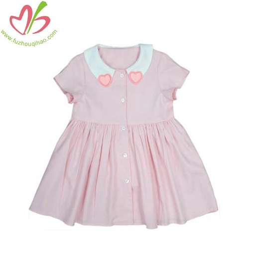 Children Love Neckline Cotton Pink Dress With Short Sleeves