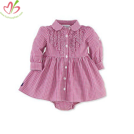 Hot Pink Gingham Long Sleeves Girl's Shirt Romper