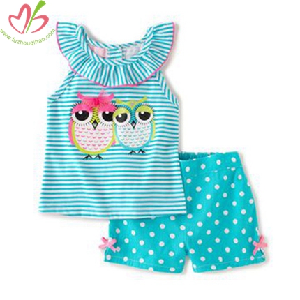 Owl Applique Ruffle Neck Baby Top with Short