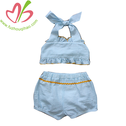 Blue Seersucker 2pcs swimsuits sets